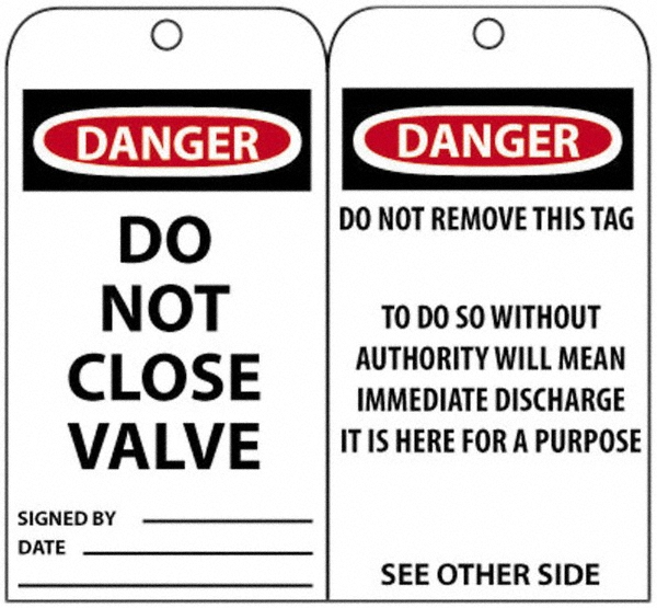Accident Prevention Tag: Rectangle, 3" High, 6" Wide, Unrippable Vinyl, "Danger" - Double Sided, English