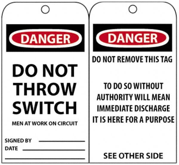 Accident Prevention Tag: Rectangle, 3" High, Unrippable Vinyl, "Danger"