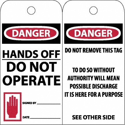 Accident Prevention Tag: 3" High, 6" Wide, Unrippable Vinyl, "DANGER" - English