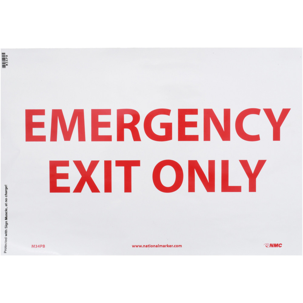 Exit Sign: Emergency Exit Only - Vinyl, Adhesive-Backed, 10" High, 14" Wide
