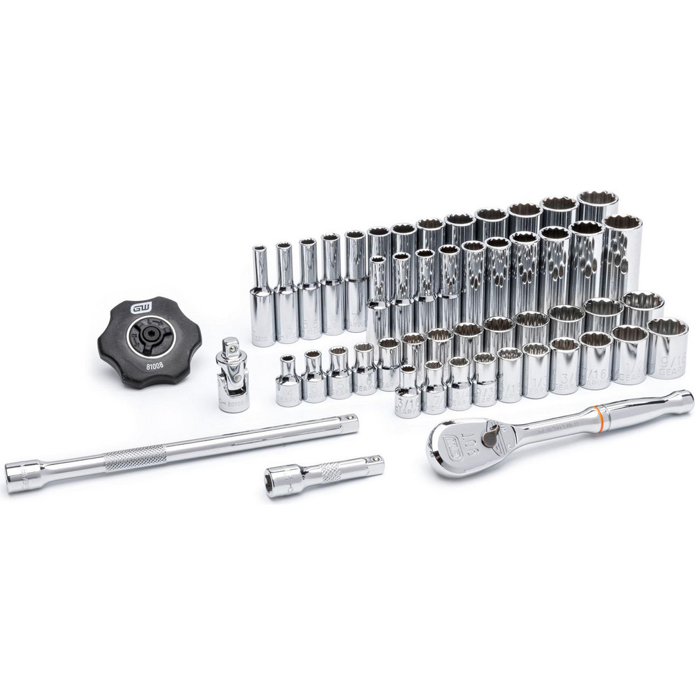 Socket Set: Deep Standard, 51 Pc, 1/4" Drive, 3/16 to 9/16", 4.00 to 15.00 mm - 12 Point, Chrome
