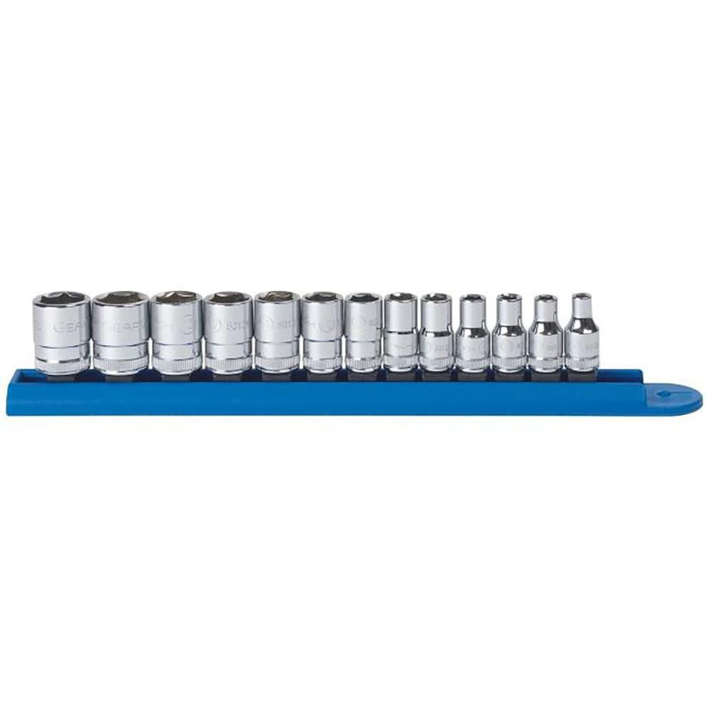 Socket Set: Standard, 13 Pc, 1/4" Drive, 4.00 to 15.00 mm - 6 Point, Chrome