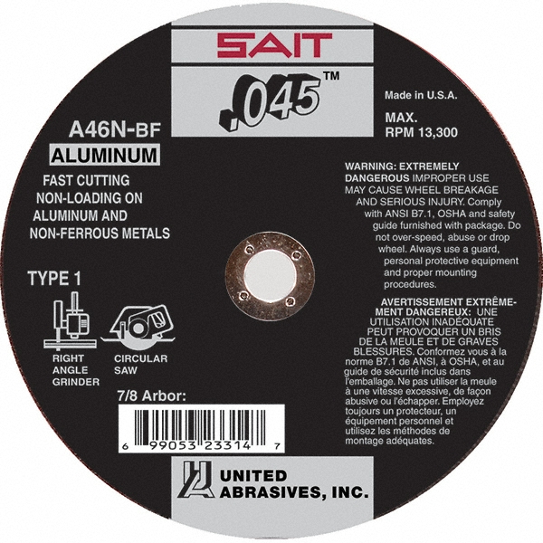 United Abrasives/SAIT Cut-Off Wheel: Type 1 (01/41), 4-1/2 Dia, 0.0450" Thick, 7/8" Hole, Aluminum Oxide - 46 Grit, 13300 RPM, Reinforced, 1 per Pack