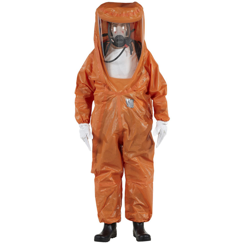 Rain & Chemical Wear; Size: 4X-Large ; Color: Orange ; Material: Multi-Layer Non-Woven Barrier Laminate Fabric ; Garment Type: Chemical-Resistant ; High Visibility: Yes ; Hood Type: Attached Hood