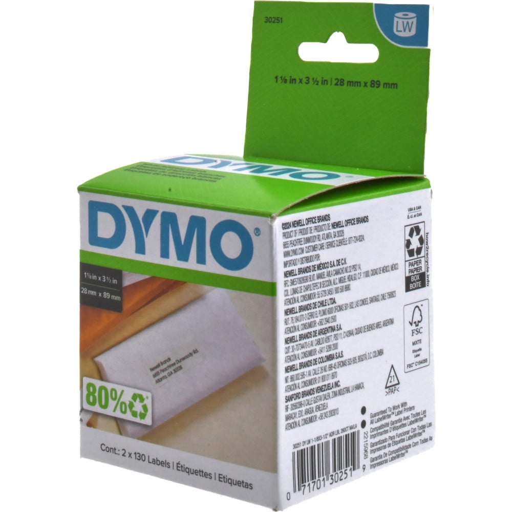 Label Maker Label: White, Die Cut Paper with Semi Perm Adhesive, 3-1/2" OAL, 1-1/8" OAW, 130 per Roll, 2 Roll