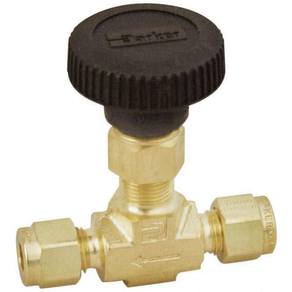 Parker 6A-V6LN-B Needle Valve: Round Handle, Straight, 3/8" Pipe, Compression End, Brass Body, Polytetrafluoroethylene Seal Image