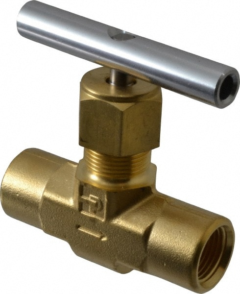 Parker 6F-V8LN-B Needle Valve: Round Handle, Straight, 3/8" Pipe, FNPT x FNPT End, Brass Body, Polytetrafluoroethylene Seal Image