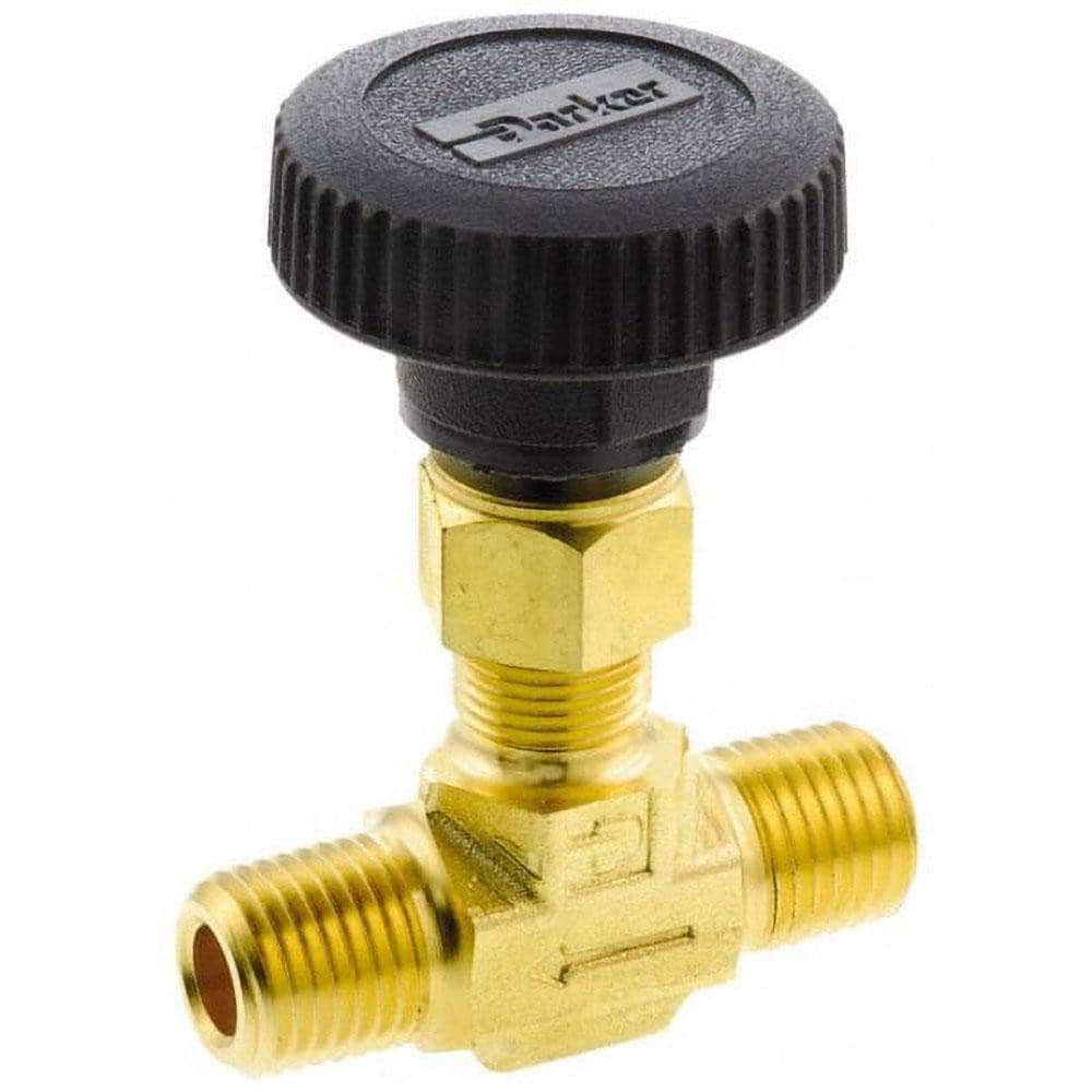 Parker 6M-V6LN-B Needle Valve: Round Handle, Straight, 3/8" Pipe, MNPT x MNPT End, Brass Body, Polytetrafluoroethylene Seal Image