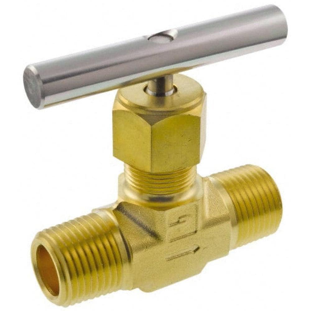 Parker 8M-V8LN-B Needle Valve: Round Handle, Straight, 1/2" Pipe, MNPT x MNPT End, Brass Body, Polytetrafluoroethylene Seal Image