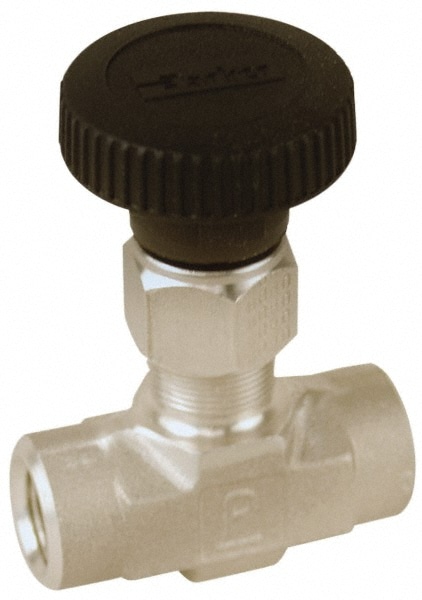 Parker 2F-V4LN-SS Needle Valve: Round Handle, Straight, 1/8" Pipe, FNPT x FNPT End, Stainless Steel Body, Polytetrafluoroethylene Seal Image