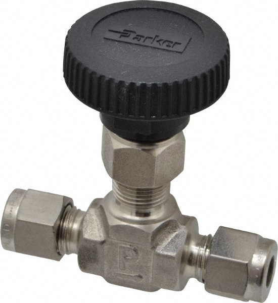 Parker 4A-V4LN-SS Needle Valve: Round Handle, Straight, 1/4" Pipe, Compression End, Stainless Steel Body, Polytetrafluoroethylene Seal Image