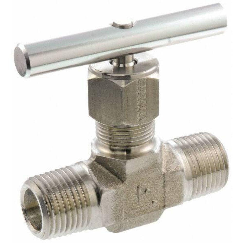 Parker 8M-V8LN-SS Needle Valve: Round Handle, Straight, 1/2" Pipe, MNPT x MNPT End, Stainless Steel Body, Polytetrafluoroethylene Seal Image