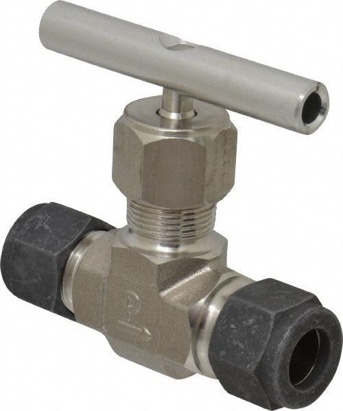 Parker 8Z-V8LN-SS Needle Valve: Round Handle, Straight, 1/2" Pipe, Compression x Compression End, Stainless Steel Body, Polytetrafluoroethylene Seal Image