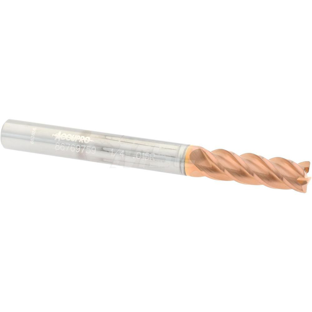 12182461 Corner Radius End Mill: 1/4" Dia, 3/4" LOC, 0.015" Radius, 4 Flutes, Solid Carbide  