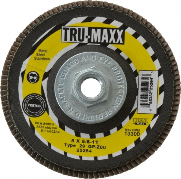 Flap Disc: 5/8-11 Hole, 80 Grit, Zirconia Alumina, Type 29