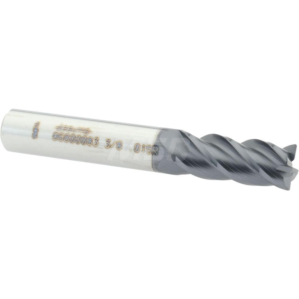 Accupro 12182550 Corner Radius End Mill: 3/8" Dia, 7/8" LOC, 0.015" Radius, 4 Flutes, Solid Carbide 