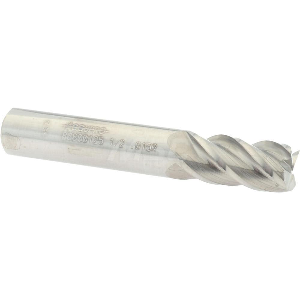 Accupro 12182589 Corner Radius End Mill: 1/2" Dia, 1" LOC, 0.015" Radius, 4 Flutes, Solid Carbide 