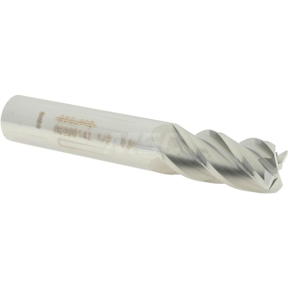 Accupro 12182591 Corner Radius End Mill: 1/2" Dia, 1" LOC, 0.03" Radius, 4 Flutes, Solid Carbide 