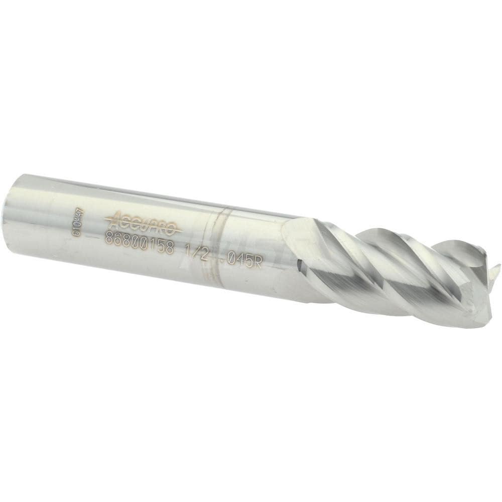 Accupro 12182592 Corner Radius End Mill: 1/2" Dia, 1" LOC, 0.045" Radius, 4 Flutes, Solid Carbide 