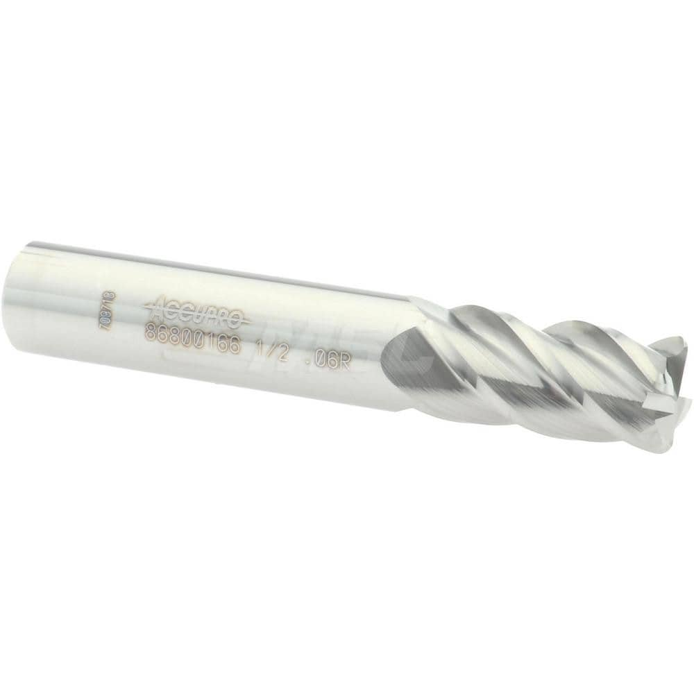 Accupro 12182593 Corner Radius End Mill: 1/2" Dia, 1" LOC, 0.06" Radius, 4 Flutes, Solid Carbide 