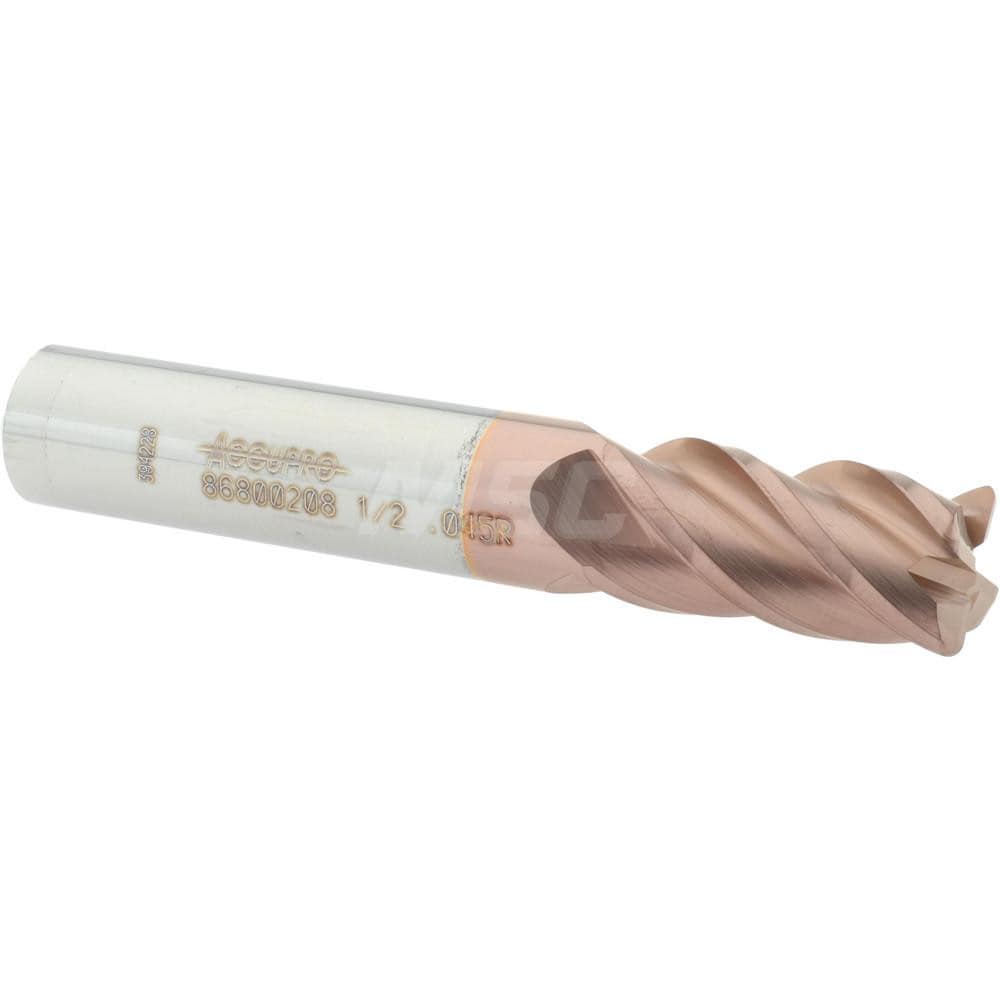 Accupro 12182601 Corner Radius End Mill: 1/2" Dia, 1" LOC, 0.045" Radius, 4 Flutes, Solid Carbide 