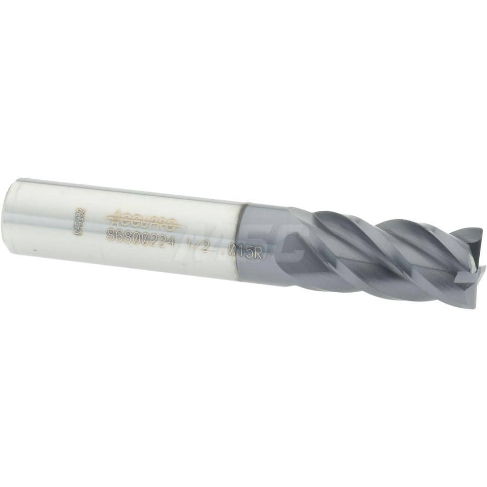 Accupro 12182607 Corner Radius End Mill: 1/2" Dia, 1" LOC, 0.015" Radius, 4 Flutes, Solid Carbide 