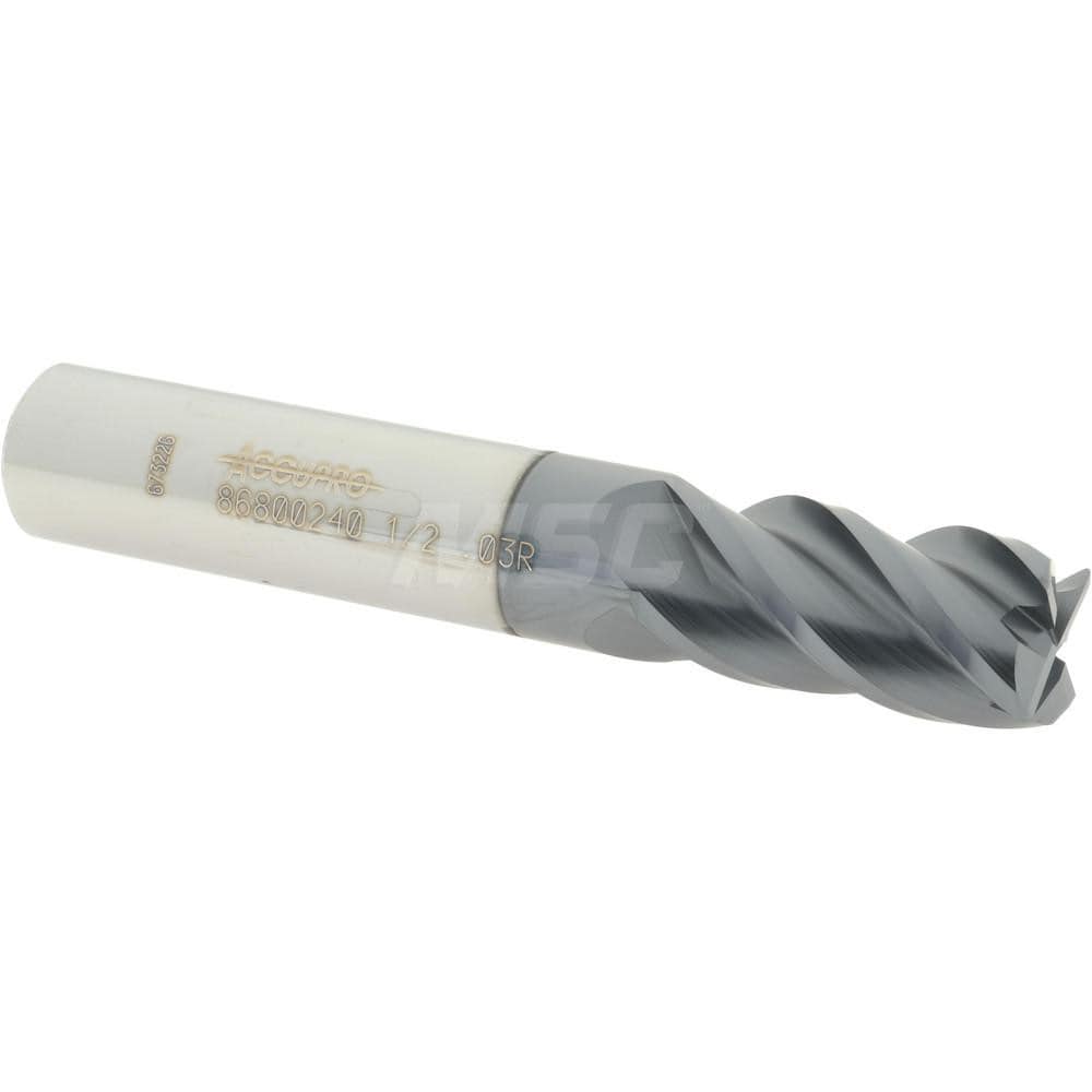 Accupro 12182609 Corner Radius End Mill: 1/2" Dia, 1" LOC, 0.03" Radius, 4 Flutes, Solid Carbide 