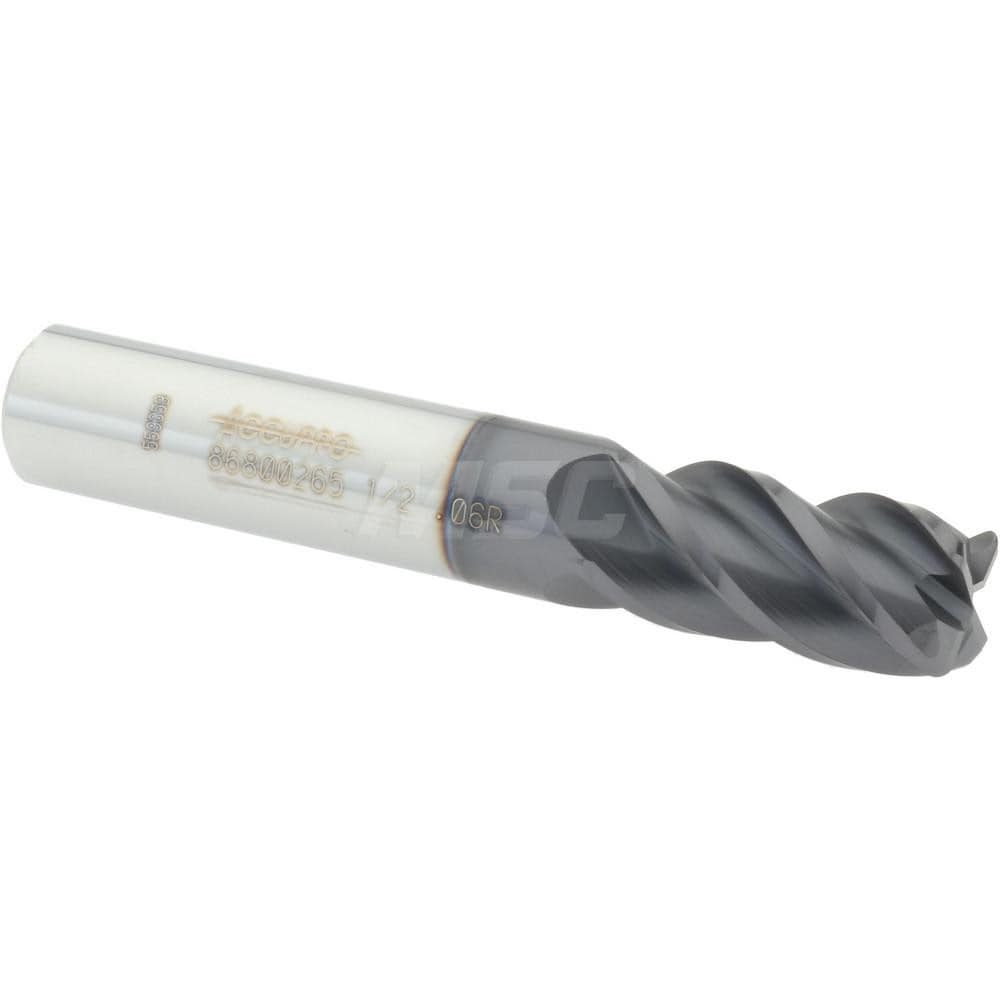 Accupro 12182611 Corner Radius End Mill: 1/2" Dia, 1" LOC, 0.06" Radius, 4 Flutes, Solid Carbide 