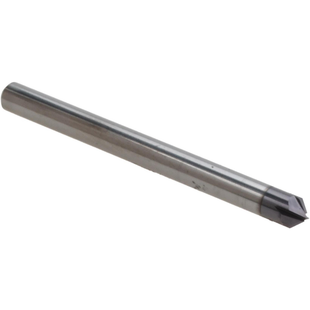 Harvey Tool Chamfer Mill: 1/8" Dia, 90 deg, 4 Flute, 1/8" Shank Dia, Solid Carbide, Single End - 1-1/2" OAL, AlTiN Coated | Part #744445-C3