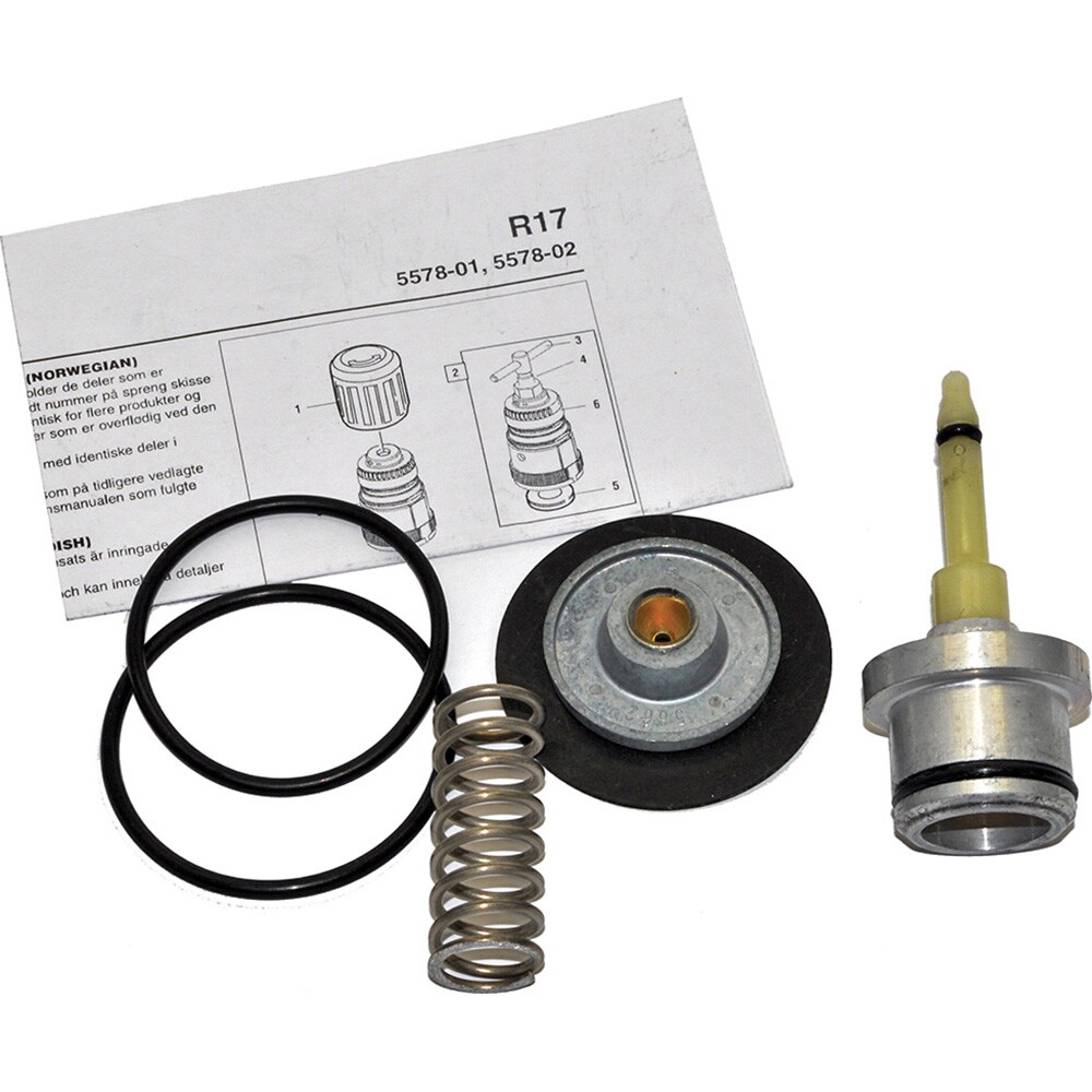 FRL Parts; Product Type: Relieving Repair Kit ; For Use With: R17 Regulator ; Compatible Tool Type: Regulator ; Includes: Spring, O-Rings, Stem Valve, Assembly, Relieving Diapgragm