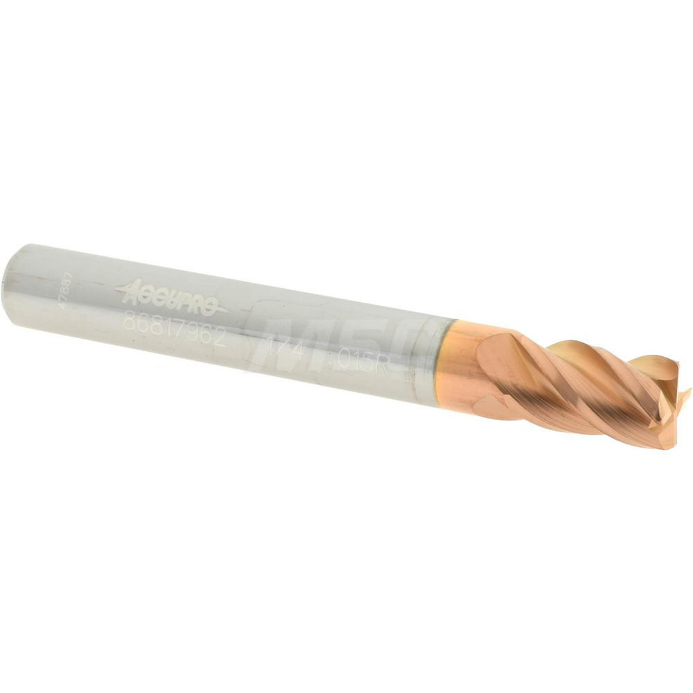 12182803 Corner Radius End Mill: 1/4" Dia, 3/8" LOC, 0.015" Radius, 4 Flutes, Solid Carbide  