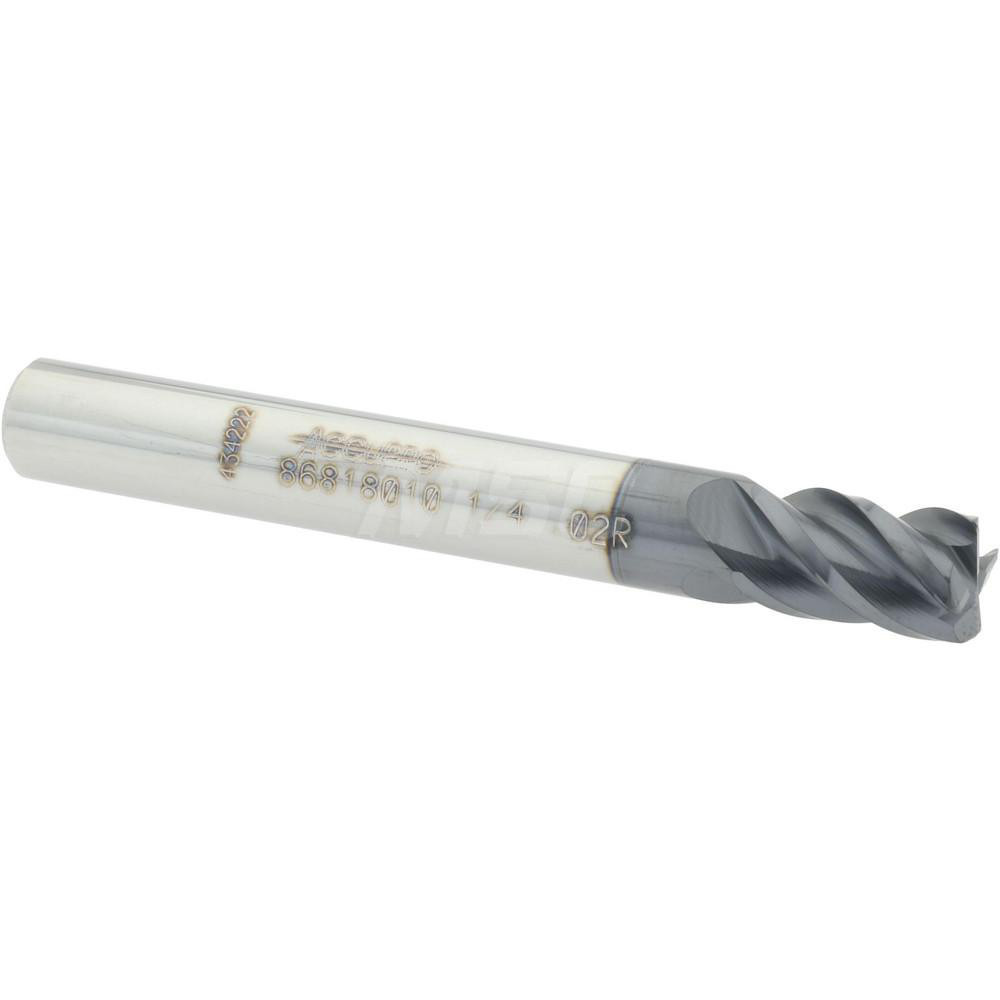 12182812 Corner Radius End Mill: 1/4" Dia, 3/8" LOC, 0.02" Radius, 4 Flutes, Solid Carbide  