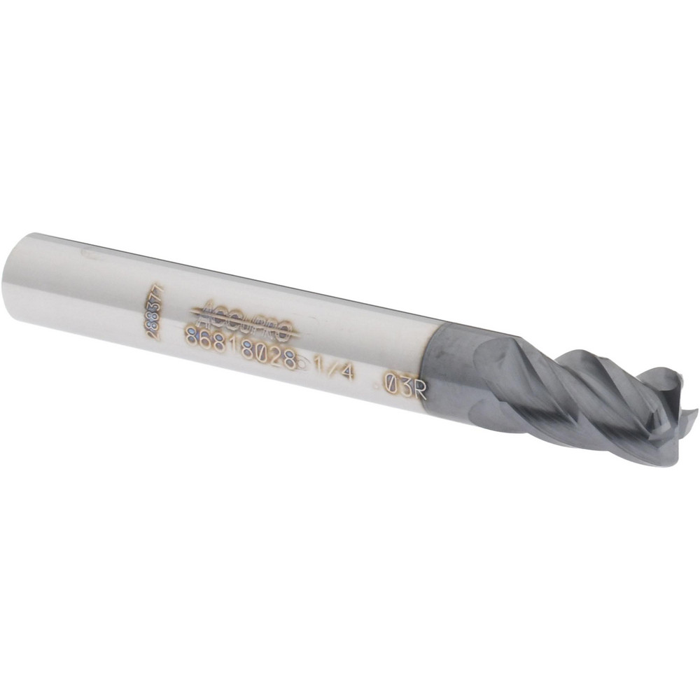 12182813 Corner Radius End Mill: 1/4" Dia, 3/8" LOC, 0.03" Radius, 4 Flutes, Solid Carbide  