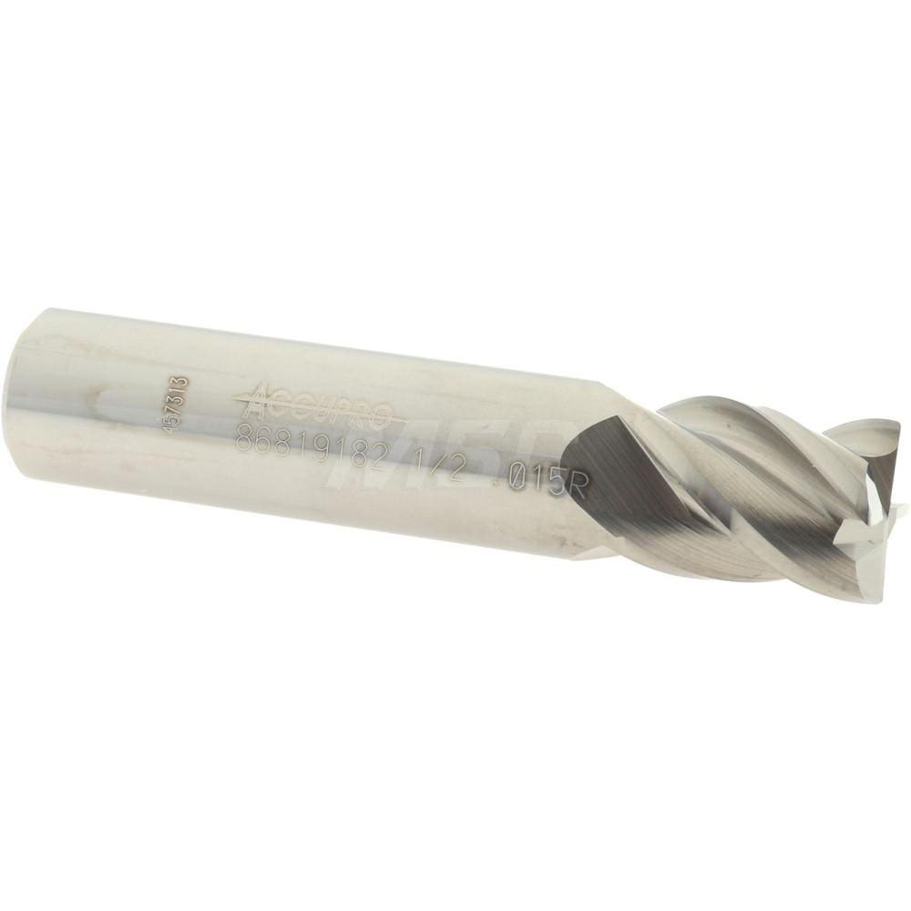 Accupro 12182931 Corner Radius End Mill: 1/2" Dia, 5/8" LOC, 0.015" Radius, 4 Flutes, Solid Carbide 