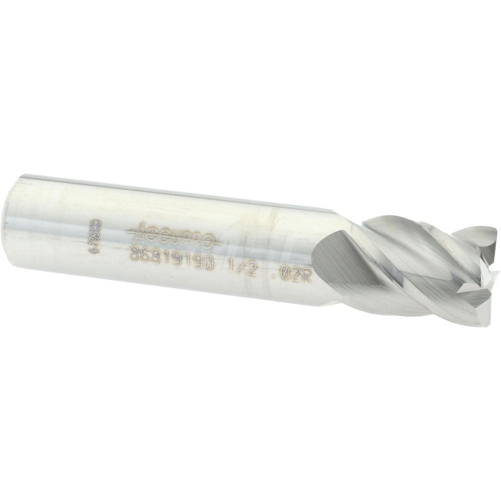 Accupro 12182932 Corner Radius End Mill: 1/2" Dia, 5/8" LOC, 0.02" Radius, 4 Flutes, Solid Carbide 