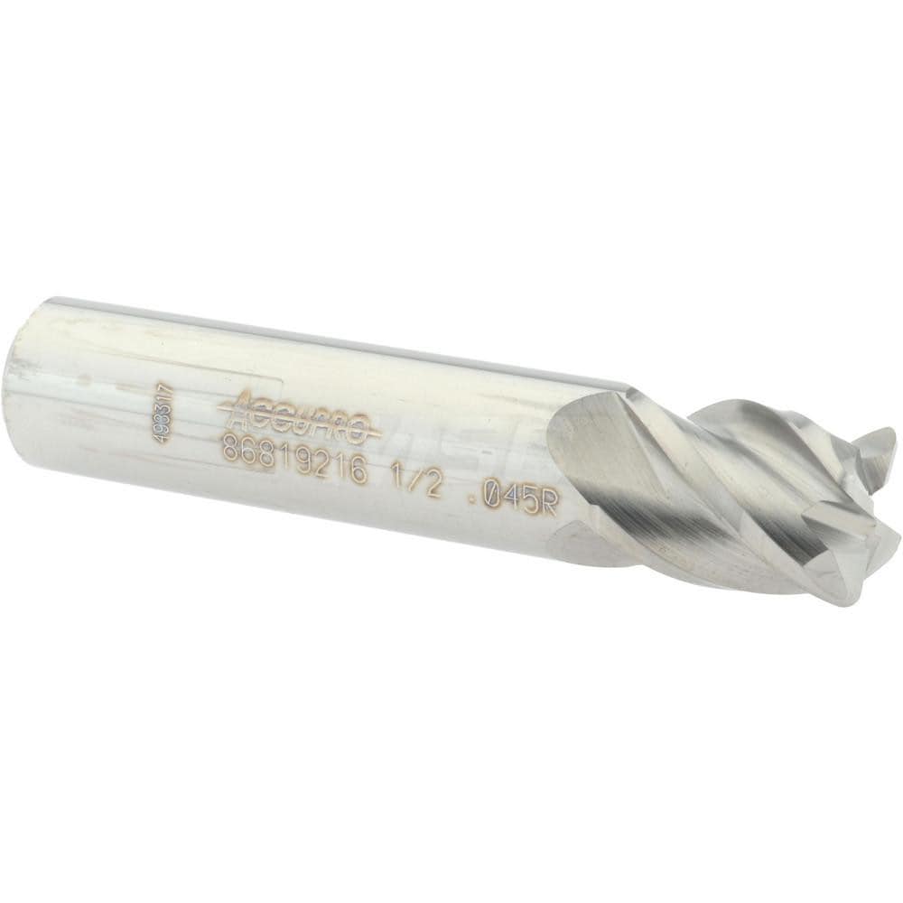 Accupro 12182934 Corner Radius End Mill: 1/2" Dia, 5/8" LOC, 0.045" Radius, 4 Flutes, Solid Carbide 