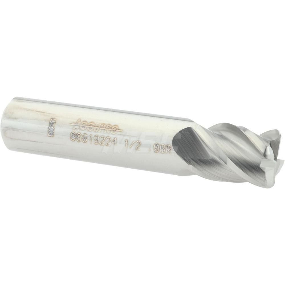 Accupro 12182935 Corner Radius End Mill: 1/2" Dia, 5/8" LOC, 0.06" Radius, 4 Flutes, Solid Carbide 