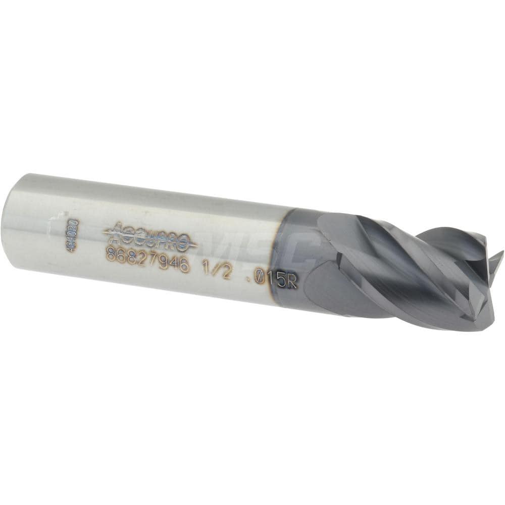 Accupro 12182949 Corner Radius End Mill: 1/2" Dia, 5/8" LOC, 0.015" Radius, 4 Flutes, Solid Carbide 