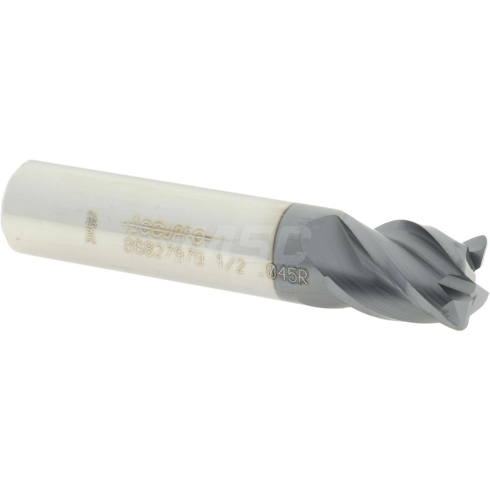 12182952 Corner Radius End Mill: 1/2" Dia, 5/8" LOC, 0.045" Radius, 4 Flutes, Solid Carbide  