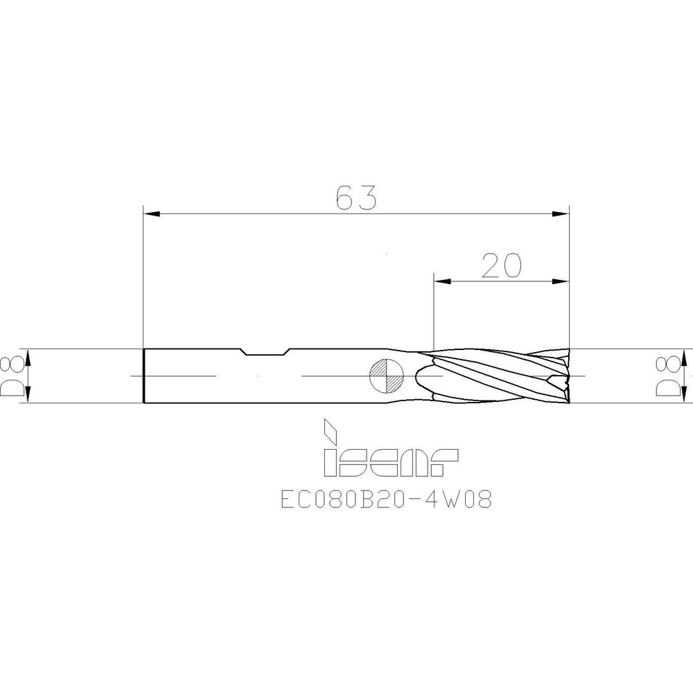 Iscar Square End Mill 8 mm Dia, 20 mm LOC, 4 Flute, Solid Carbide