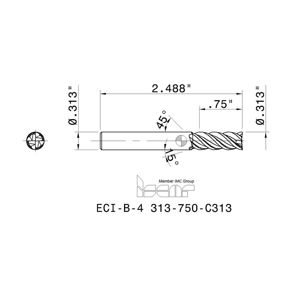 Iscar Square End Mill 5/16" Dia, 3/4" LOC, 4 Flute, Solid Carbide