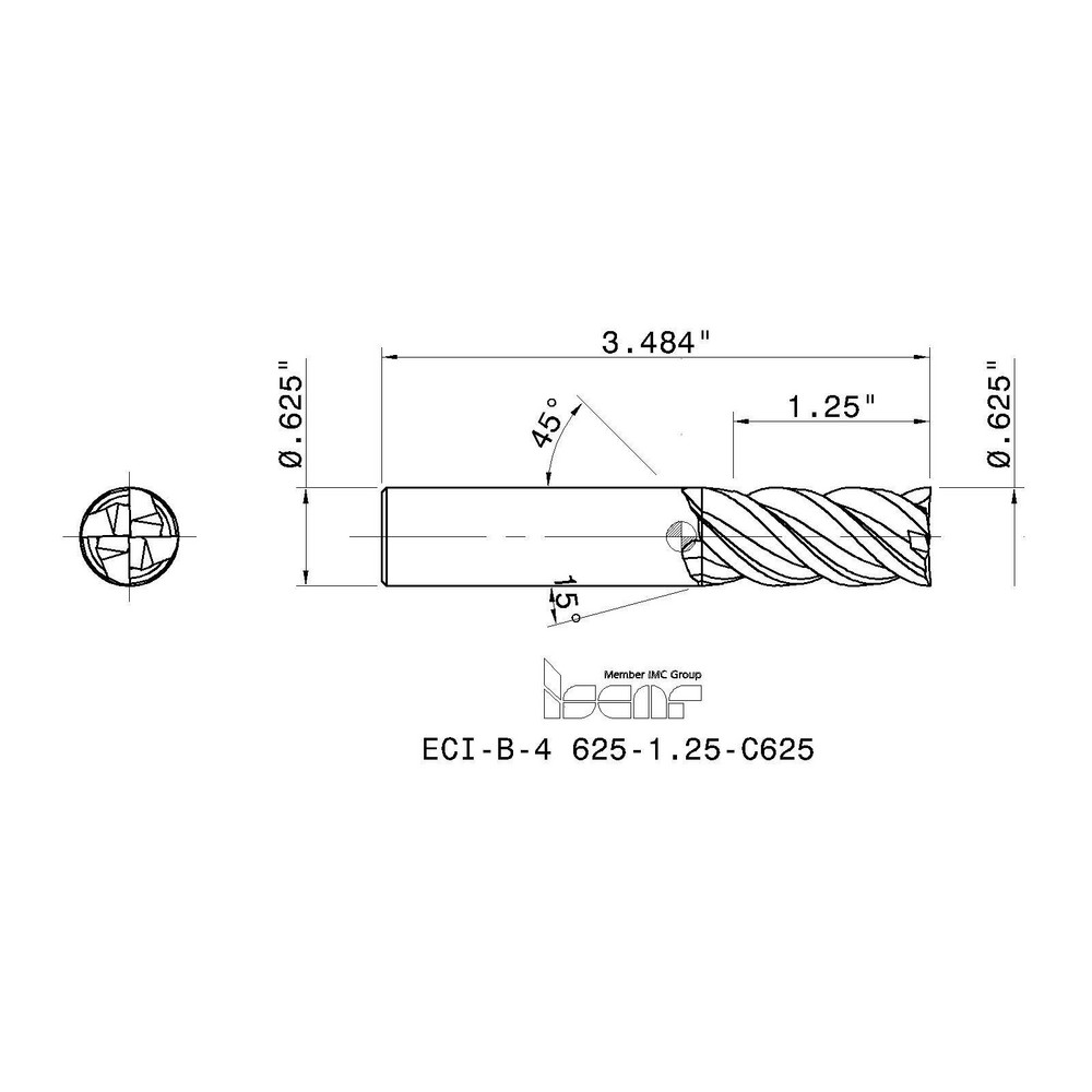 Iscar Square End Mill 5/8" Dia, 11/4" LOC, 4 Flute, Solid Carbide