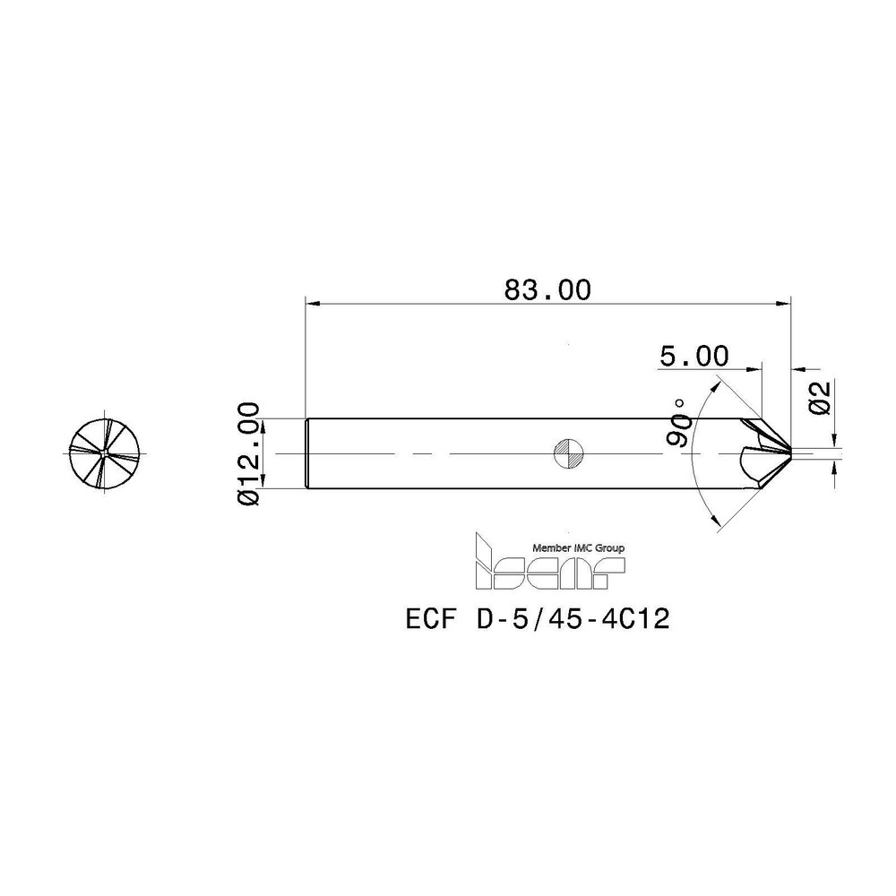 Iscar Chamfer Mill 12 mm Dia, 4 Flutes, Solid Carbide MSC