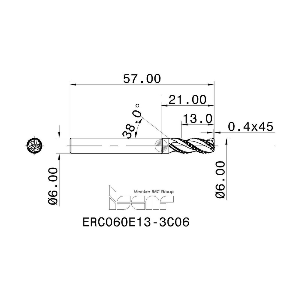 Iscar Roughing End Mill 6 mm Dia, 3 Flutes, Single End, Solid