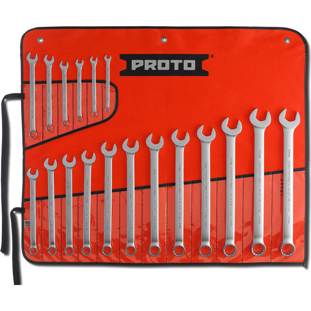 Combination Wrench Set: 18 Pc, 7 to 24 mm Wrench, Metric - 5 in and Longer Long, 15 deg Head Offset Angle, Satin Finish, Tether Capable