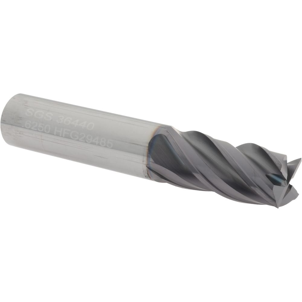 SGS 36440 Square End Mill: 5/8 Dia, 1-1/4 LOC, 5/8 Shank Dia, 3-1/2 OAL, 4 Flutes, Solid Carbide Image