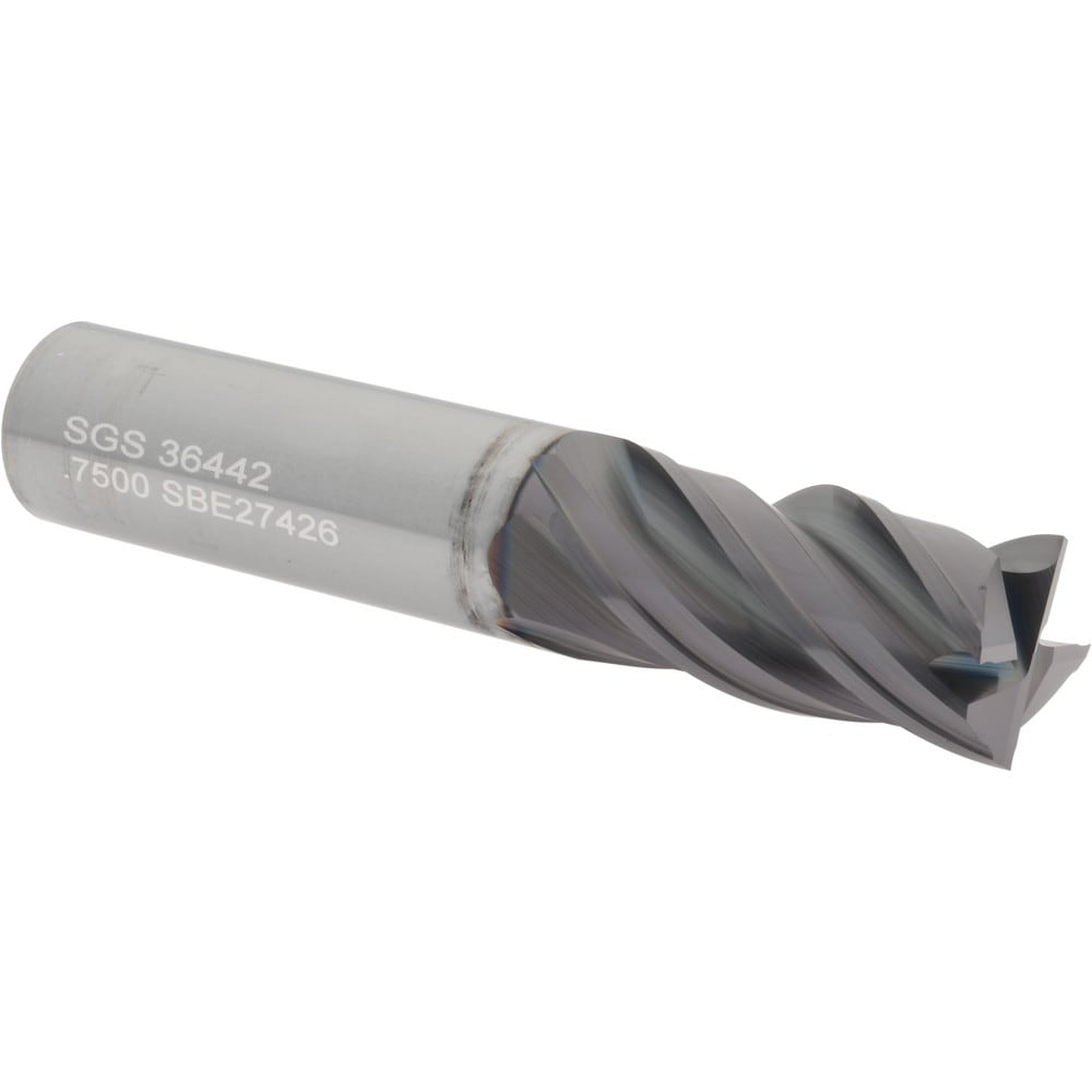 SGS 36442 Square End Mill: 3/4 Dia, 1-1/2 LOC, 3/4 Shank Dia, 4 OAL, 4 Flutes, Solid Carbide Image