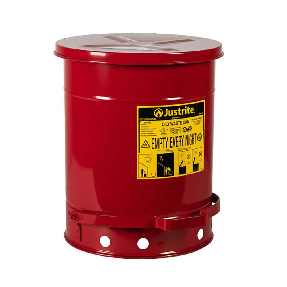 Justrite. 9308 Oily Waste Cans & Receptacles; Capacity (Gal.): 10.000 ; Opening Style: Foot Operated ; Color: Red ; Material: Steel ; Height (Inch): 18.25 ; Height (Decimal Inch): 18.000000 