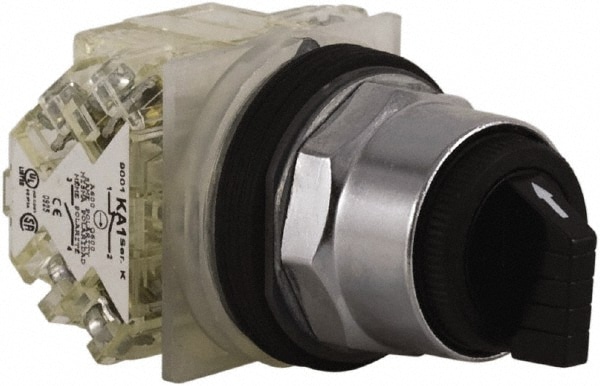 Schneider Electric 9001KS43BH2 Selector Switch: 3 Positions, Maintained (MA), 600V, 10 Amp, Black Knob & Push Button Image