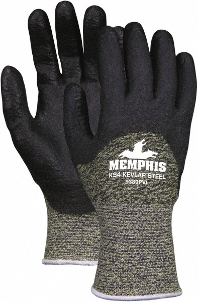 MCR Safety Size L (9), ANSI Cut Lvl 4, PVC Coated Kevlar Cut Resistant Gloves - 11" Long, Palm & Fingers Coated, Knit Wrist, Black, Paired